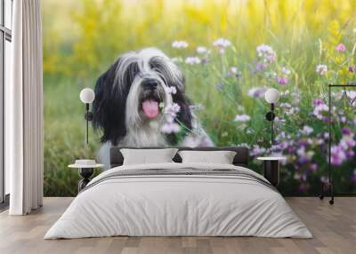 Beautiful Tibetan terrier dog  sitting outside among wildflowers selective focus. He is sticking his tongue out. Selective focus, blank space Wall mural