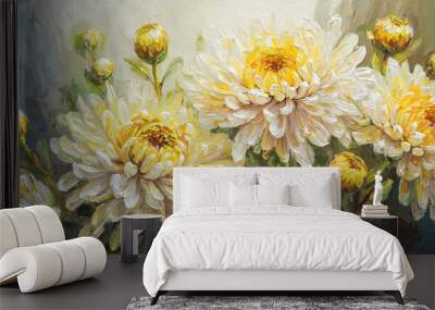 Digital painting close up of a bunch of beautiful Chrysanthemum flowers, oil painting floral bouquet Wall mural