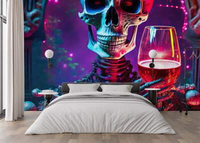 Halloween skeleton drink cocktail wine. Eerie skeletal personage sipping beverage, spooky holiday Wall mural