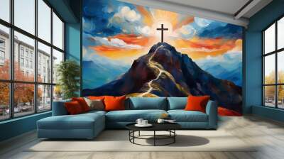 Religious Christian cross on top of rock mountain at sunset. Faith, hope and spirituality. Spiritual Wall mural