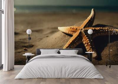 Starfish on the sand, blue ocean water. Marine life. Vacation and relaxation. Wall mural