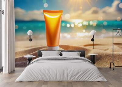 sunscreen cream on the beach, cream tube in sand, sea background, skin care and beauty Wall mural