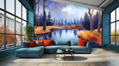 Watercolor night autumn forest with pond. Natural landscape. Autumnal trees, calm lake and night sky Wall mural