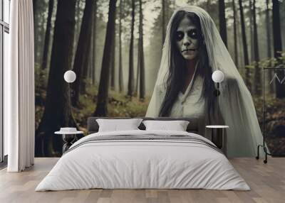 Woman with makeup, dead bride dress in scary gloomy forest. Spooky ghost in woods, Halloween holiday Wall mural