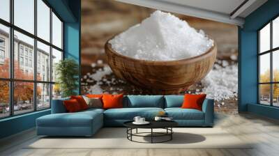 Coarse Sea Salt in Wooden Bowl on Rustic Table Wall mural