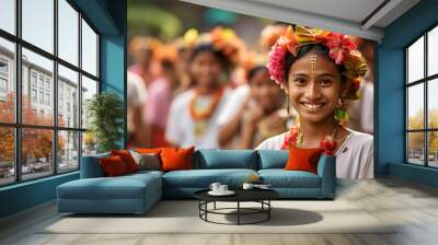 Portrait of a beautiful young girl with flowers on her head on the island of Bali Wall mural