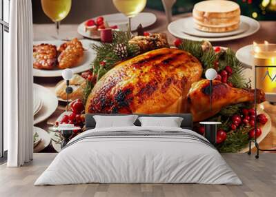 An elaborate Christmas table with a roast turkey and bottles of drinks and glasses Wall mural