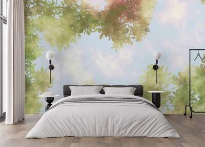 Illustration made from imagination of tree top, green leaves with warm flare and bright summer sky, beautiful day in spring.  Soft focus. Wall mural