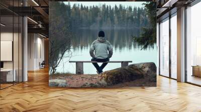 A man sits on a bench near a forest lake. View from the back Wall mural