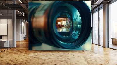 A camera lens is focused on a room with a person sitting in the foreground Wall mural