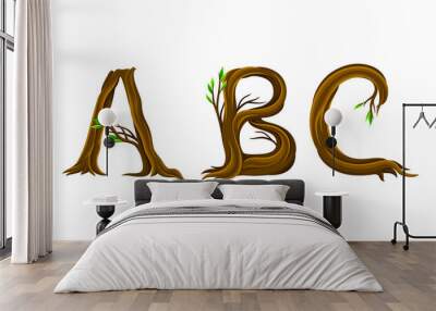 A,B,C letters made of branches and leaves. Eco english alphabet font vector illustration Wall mural