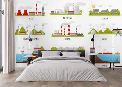 Alternative energy sources. Hydroelectric, wind, nuclear, solar and thermal power plants. Flat vector design Wall mural