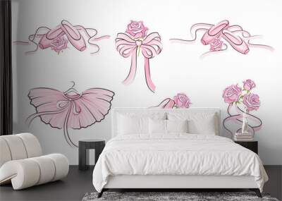 Ballet Accessories with Tutu Skirt and Pair of Pointe-shoes Vector Set Wall mural