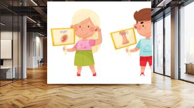 Cute Boy and Girl Character Holding Card with Body Part Picture Vector Set Wall mural