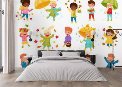 Cute Children Enjoying Autumn and Leaf Fall Big Vector Set Wall mural