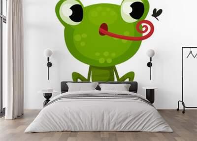 Cute frog hunting on mosquito. Flat vector icon of funny green toad. Cartoon character of amphibian animal Wall mural