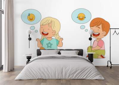 Cute happy kids sitting on floor expressing different emotions cartoon vector illustration Wall mural