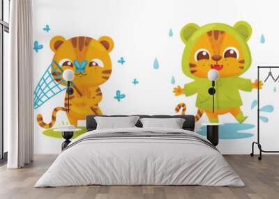 Cute Striped Tiger Engaged in Different Activity Vector Set Wall mural