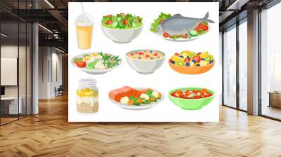 Delicious and fresh dishes set, healthy eating concept vector Illustrations on a white background Wall mural