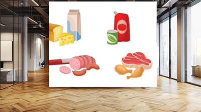 Different Food with Meat, Vegetables, Ketchup, Water Bottle, Wine, Cereal Package and Chocolate Paste Vector Set Wall mural