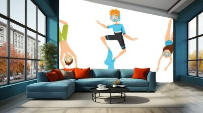 Diving Man and Woman with Breathing Equipment and Flippers Diving Underwater Vector Set Wall mural