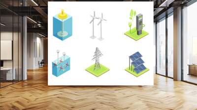 Ecology and Environment Protection and Conservation with Solar Panel, Wind Generator and Electric Charge Stand Isometric Vector Set Wall mural