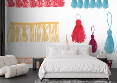 et of images of decorative tassels. Vector illustration on white background. Wall mural