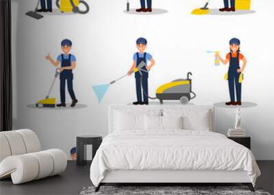 Flat vector set of professional cleaners with different equipment. Young men and women in working uniform. Cleaning company, service Wall mural