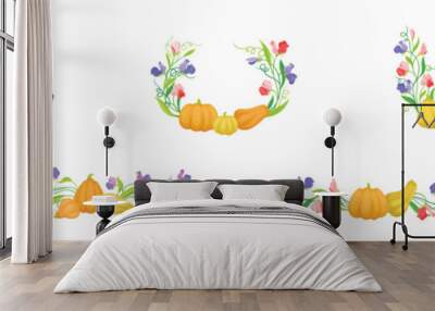 Floral Border Composition of Pumpkin and Purple Flower with Stem and Tendril Vector Set Wall mural