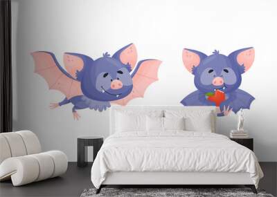 Funny Purple Bat Character Eating Apple and Fluttering Vector Set Wall mural