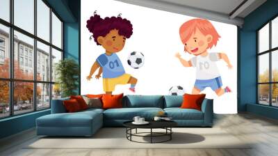 Happy girls playing soccer. Cute kids running and kicking ball cartoon vector illustration Wall mural