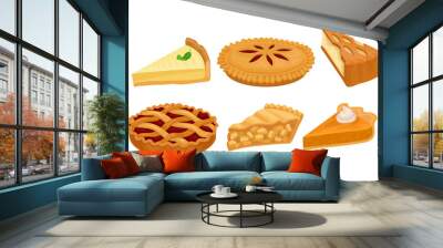 Homemade Cartoon Pies And Cakes With Fruits And Cream Vector Illustration Set Isolated On White Background Wall mural