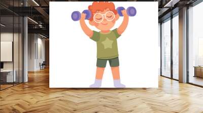 Little Boy Lift Dumbbell Engaged in Morning Exercise Vector Illustration Wall mural