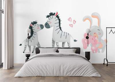 Mother and baby animals set. Zebra and rabbit moms hugging their kids cartoon vector illustration Wall mural