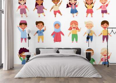 Multiethnic Children Waving Hands and Smiling Big Vector Set Wall mural