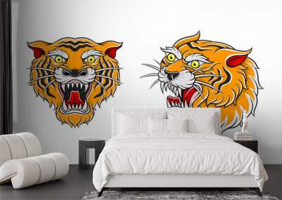 Old tattooing school designs set. Roaring tiger head tattoos at traditional vintage style vector illustration Wall mural