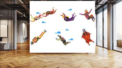 Paratroopers or Parachutist Free-falling and Descenting with Parachute and Wingsuit Vector Set Wall mural