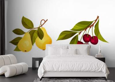 Pear and cherry tree branches set. Twigs with green leaves and ripe juicy fruits vector illustration Wall mural