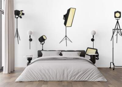 Photographer Studio Lighting Equipment with Spotlight and Lamp Vector Set Wall mural