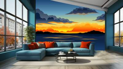 Picturesque Nature Landscape with Sunset and Water View Vector Illustration Wall mural