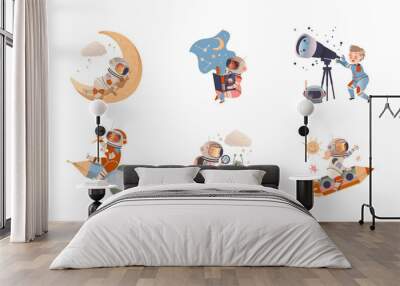 Preschool kids on flying on rocket and reading books about space set. Cute children dreaming of becoming astronauts vector illustration Wall mural