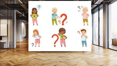 Puzzled Little Kids with Question Scratching Their Heads Wondering Vector Set Wall mural