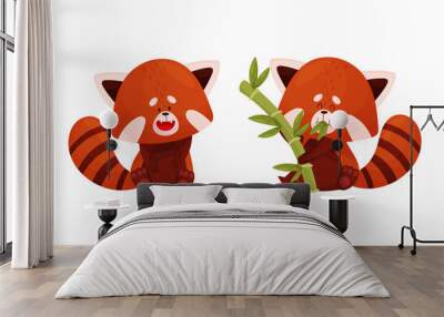 Red panda set. Cute wild animal character eating bamboo vector illustration Wall mural