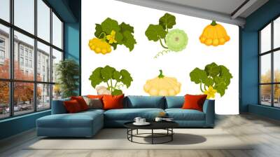 Ripe Bush Pumpkin or Custard Squash with Green Leaves Vector Set Wall mural