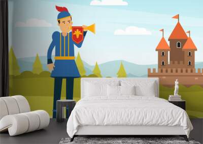 Royal herald with trumpet. Medieval trumpeter character cartoon vecto Wall mural