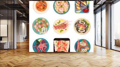 Seafood Dishes with Shrimps and Oysters Top View Vector Set Wall mural