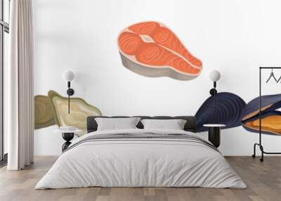 Seafood with Tuna, Salmon, Oyster and Scallop Vector Set Wall mural