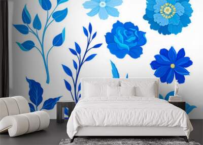 Set of images of blue flowers and leaves. Vector illustration on white background. Wall mural