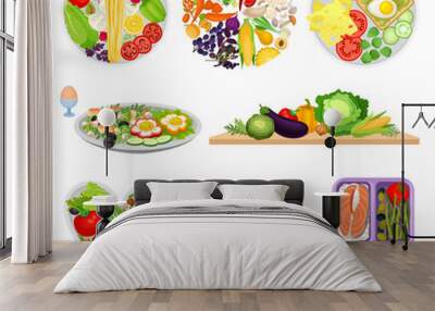 Set of images of plates with different foods. Vector illustration on white background. Wall mural