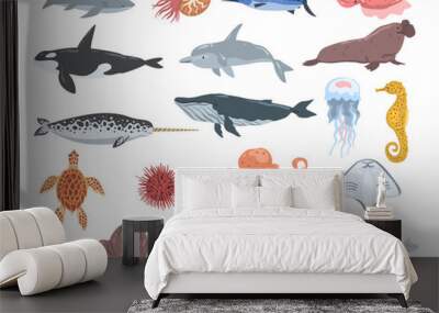 Set of sea animals. Stingray, shark, turtle, dolphin, walrus, orca whale, squid, eel, swordfish cartoon vector Wall mural